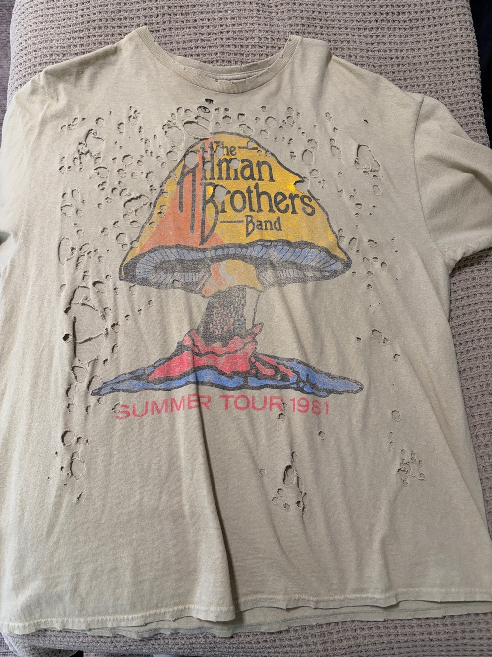 Buckle Beige Graphic Mushroom Tee with Distressed Holes